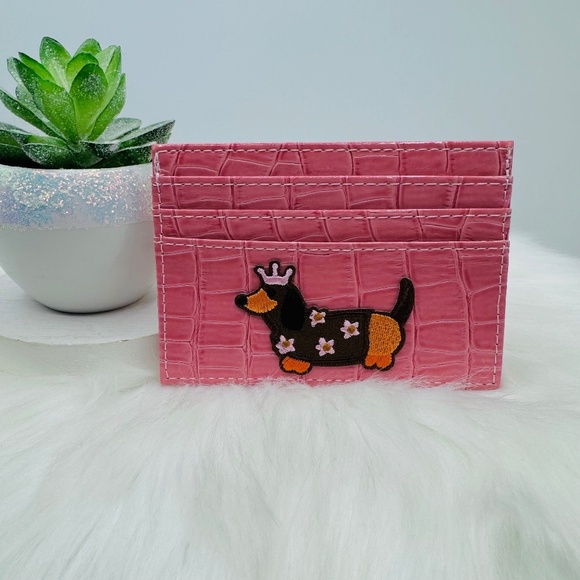 Faux Crocodile Black Embossed Glossy Small Dog Card Holder Wallet in Pink - Picture 1 of 4